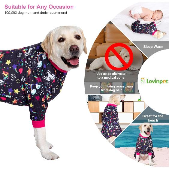 LovinPet Large Dog Pajamas Pitbull PJS: Wound Care/Post Surgery Dog Clothes, Onesies for Dogs, Unicorn Rainbows Black Print, Lightweight Stretchy