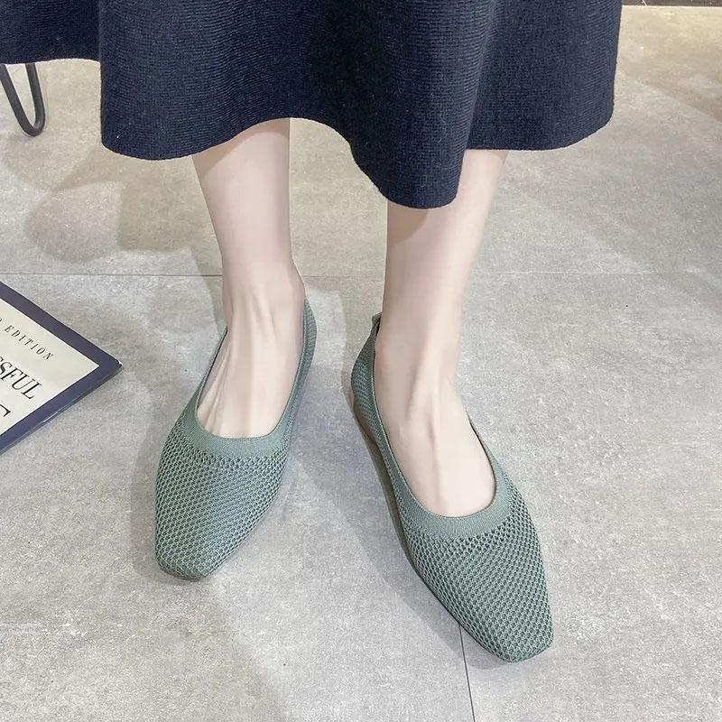 WTEMPO Soft Sole Single Shoes Women's Spring and Summer Square Toe Mesh Low Square Heel Solid Color Knitted Hollow Breathable Non-slip Woven Shoes