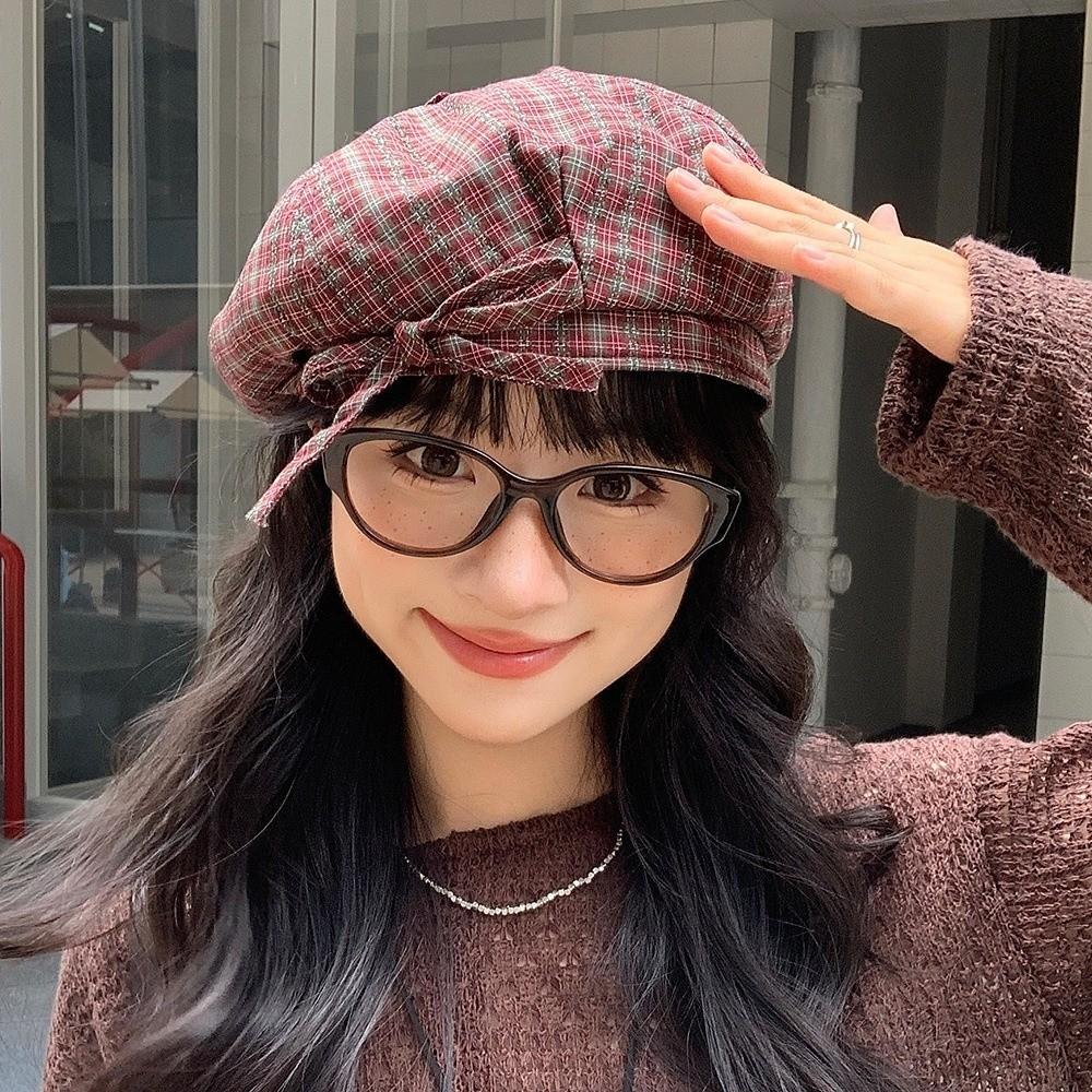 Korean Style Plaid Beret Hat Keep Warm Women Octagonal Cap Simple Women Painter Hat  All-match