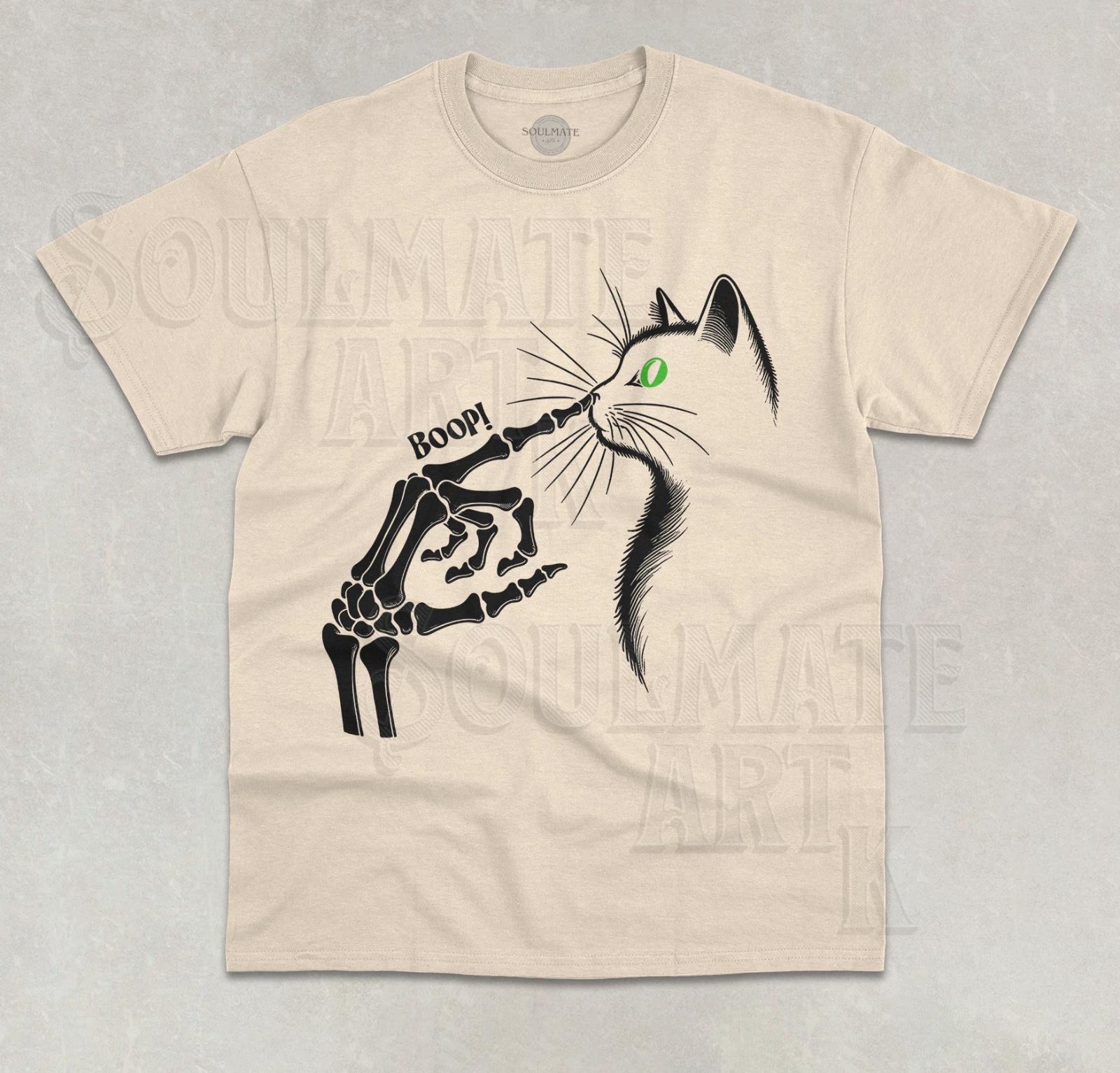 Cute Cat Boop T- Shirt Funny Skeleton Hand Halloween Cat Unisex Graphic Shirt S