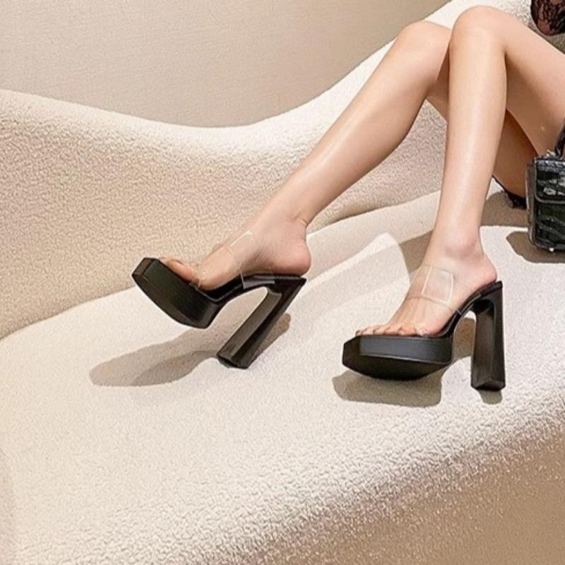 Fashion Super High Heel Slippers Summer New Square Head Open Toe Waterproof Platform Transparent Belt Non-slip Square Heel Shoes
