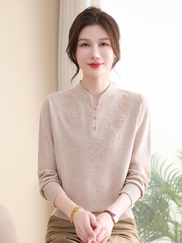 Mom's Autumn Knitwear: Elegant Woolen Sweater for Middle-Aged Women - Chinese Style Fashionable Base Layer