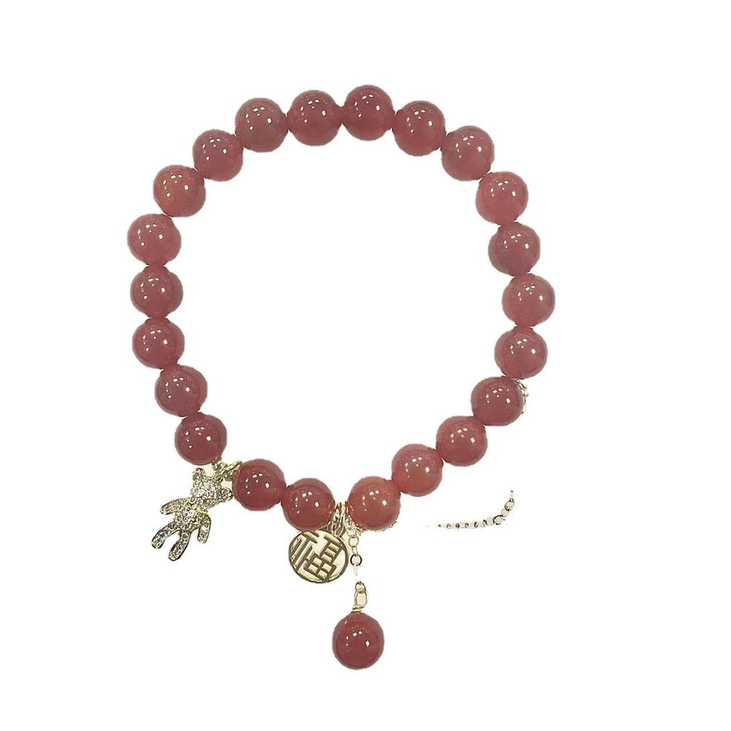 Women's Natural Red Agate Bracelet with Little Bear Fortune Tag - Original Chinese Style Hanfu Beaded Accessory