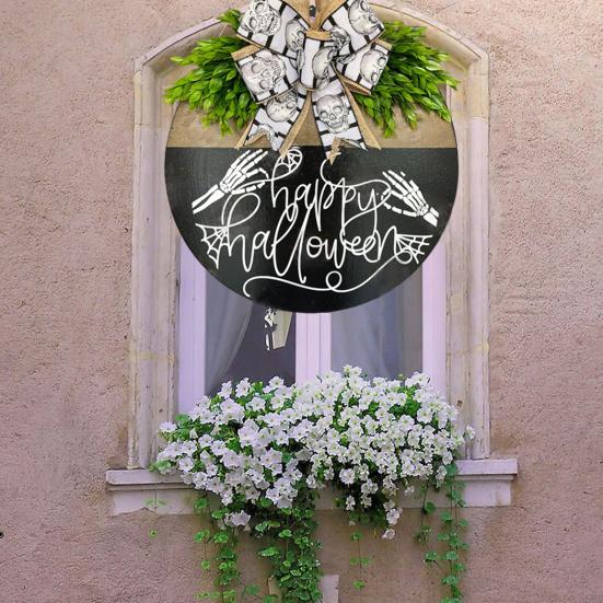 Halloween Skeleton Welcome Door Sign Artificial Leaves Bowknot Decor Indoor Outdoor Halloween Sign Family Gathering Decoration
