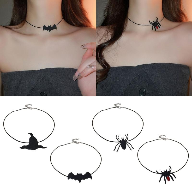 Halloween Bat Necklace Unique Braided Rope Necklace Eye catching Bat Hat Spiders Clavicle Chain for Halloween Jewelry