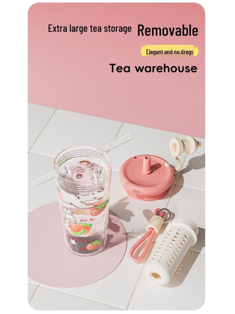 Portable Cute Tritan Water Cup with Tea Filter & Straw – Cartoon Design, Perfect for Students