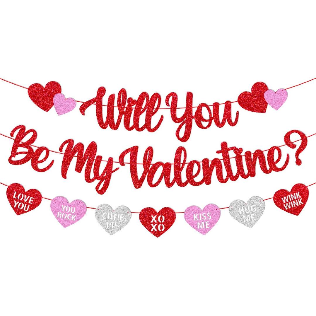 Will You Be My Valentine Banner Valentine Glitter Heart Garland Happy Valentine’s Day Party Decoration Glitter Red and Pink Be My Valentine