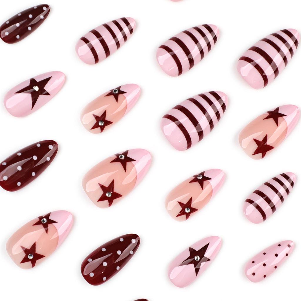 Le Fan Meijia French Almond Polka Dot & Star Rhinestone Faux Nails Set