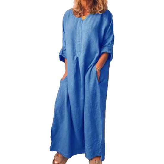 Casual Women Solid Color Oversize Maxi Cotton Linen Long Shirt Kaftan?Dress
