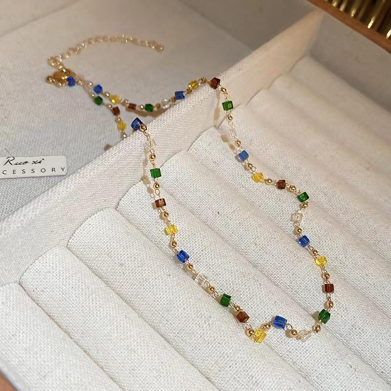 Summer Color Crystal Beaded Necklace Women'S Light Luxury Premium Design Niche Temperament Clavicle Chain Neck Chain