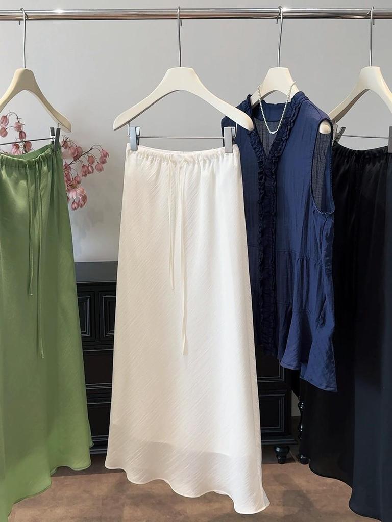 Korean Style Elastic Waist Tencel Midi Skirt - Women's Spring/Summer Drapey Casual Bodycon Skirt