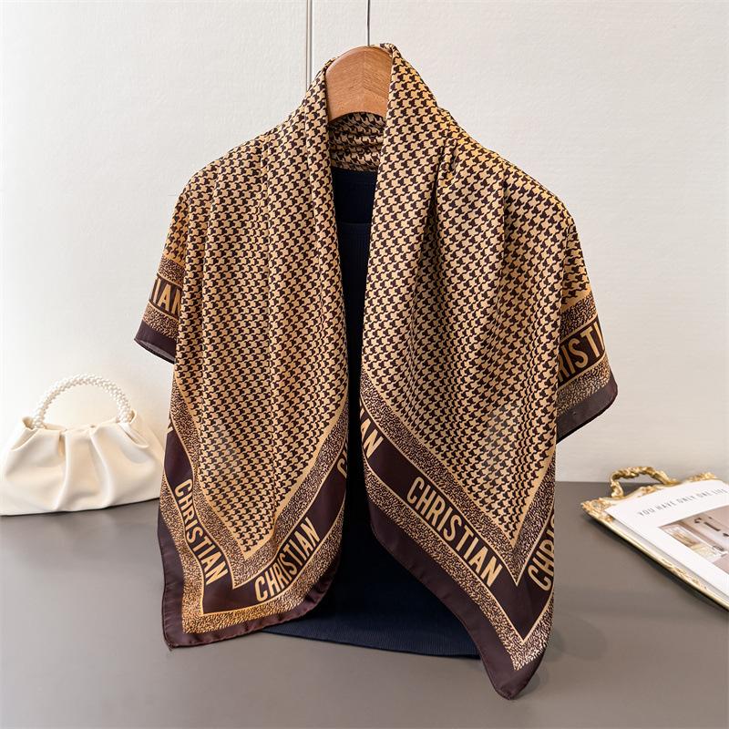 Thousand Birds Plaid Simulation Silk High-end Large Square Scarf Silk Scarf Printing Travel Shawl Scarf Sunscreen Headscarf Women's Scarf