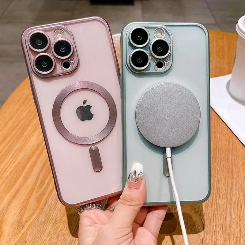Luxury Frosted Style Magnetic Wireless Charge Case For iPhone 15 14 13 12 11 Pro Max Plus Fashion Plating Magsafe Bumper Cover