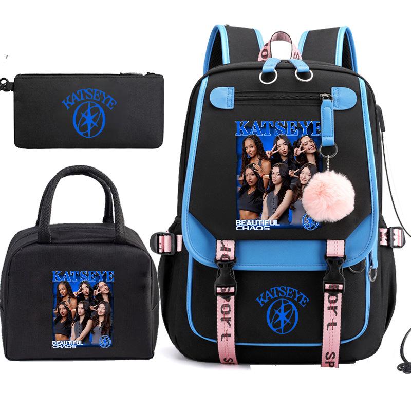 Katseye Girl Group Print 3-Piece Set Backpack, Color Block Anti-Gravity School Student Bookbag Large Capacity Lightweight Water-Resistant