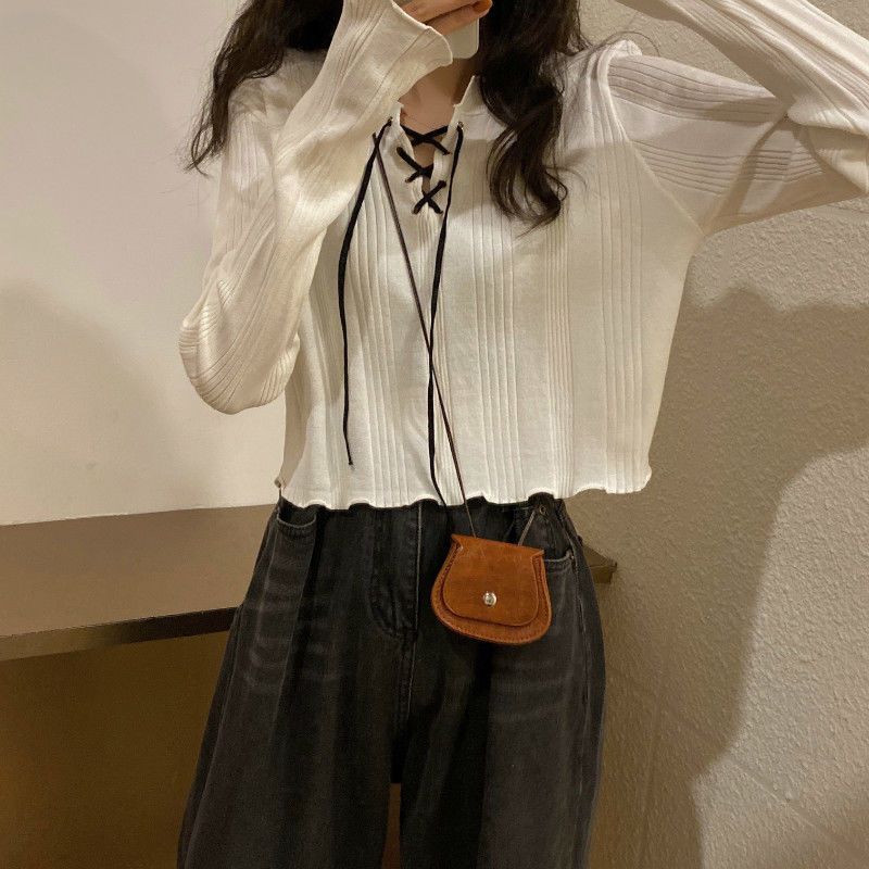 

Женская весенне-осенняя трикотажная футболка с коротким рукавом, на бретелях и кулиске в корейском стиле, с продуманными сложными деталями, стильный топ для леди One size белый