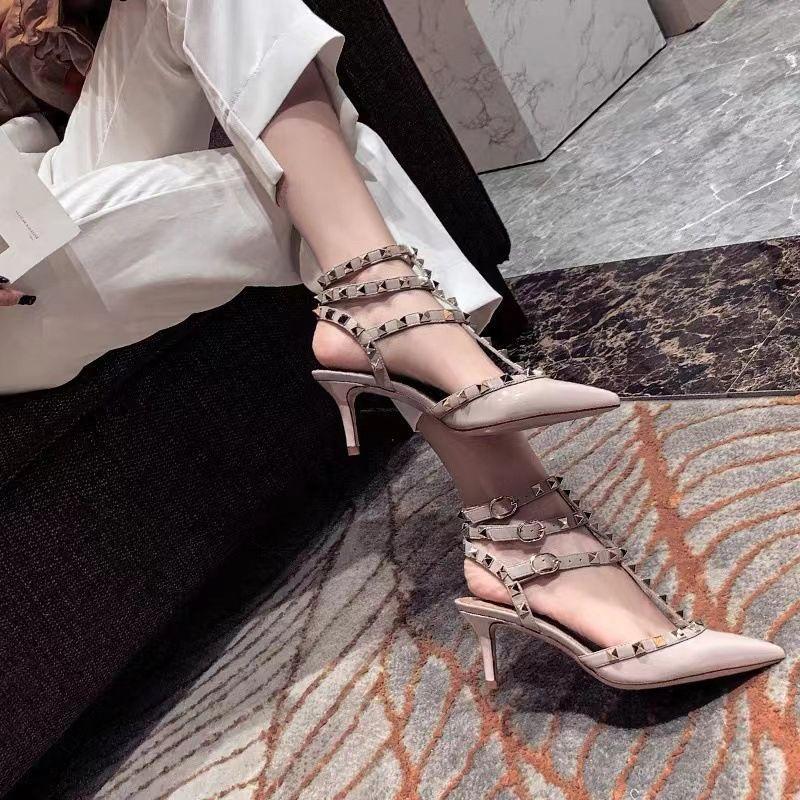 2025 spring and summer new rivet pointed high heels women's word with bag head sandals thin heel medium heel versatile outer wear