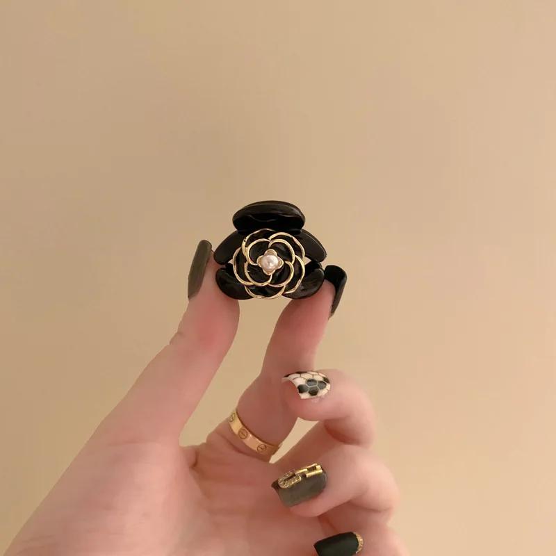 2pcs Black Rose Flower Hair Claw Elegant Temperament Camellia Hair Clip Princess Side Clip Women Girls Bangs Clip Hairpin