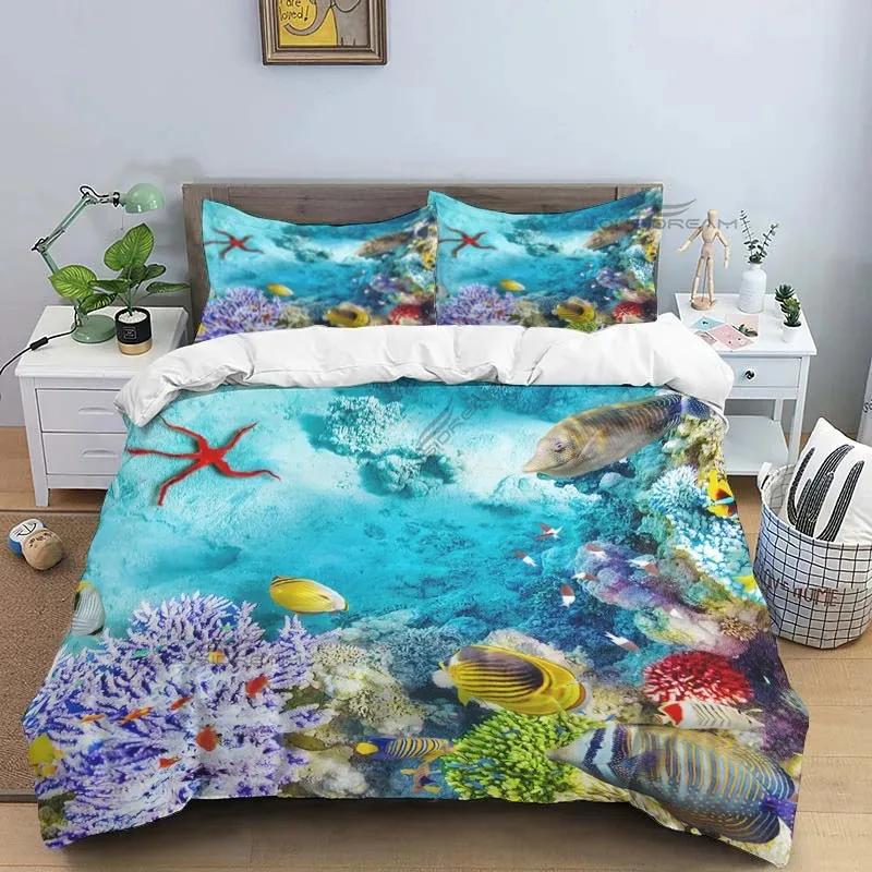 Ocean World Marine Life Art Pattern Comforter Bedding Set,Duvet Cover Bed Set Quilt Cover Pillowcase,King Queen Size Bedding Set