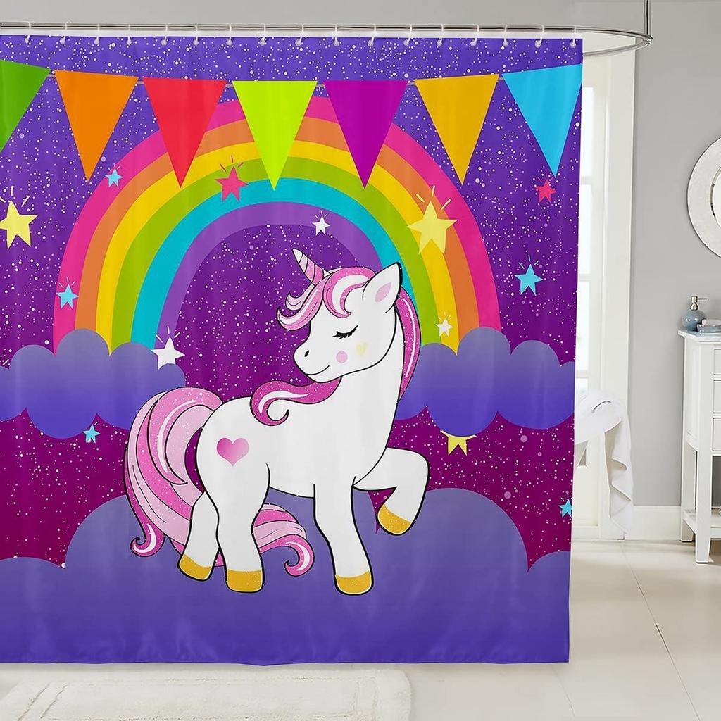 Gradient Purple Shower Curtain, Rainbow Unicorn Bath  Glitter Stars, Waterproof Curtains, Dreaming Cartoon Bathroom Deco
