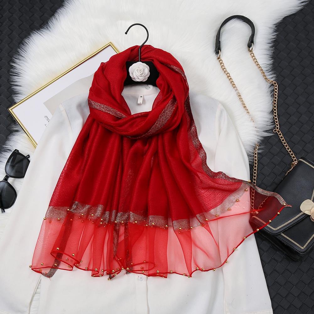 Fashion Luxury Silk Scarf For Women Shawls With Beads Long Scarf For Women Female Foluard Stoles Bandana Head Wraps Headscarf