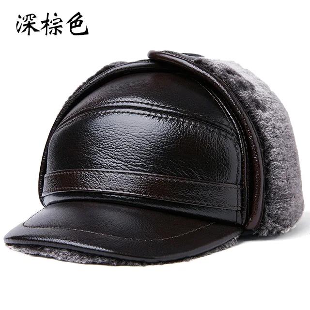 Winter Bomber Hat Men Russian Brown Leather Ushanka Cap With Ear Flaps Fur Warm Genuine Cow Leather Brand Baseball Cap