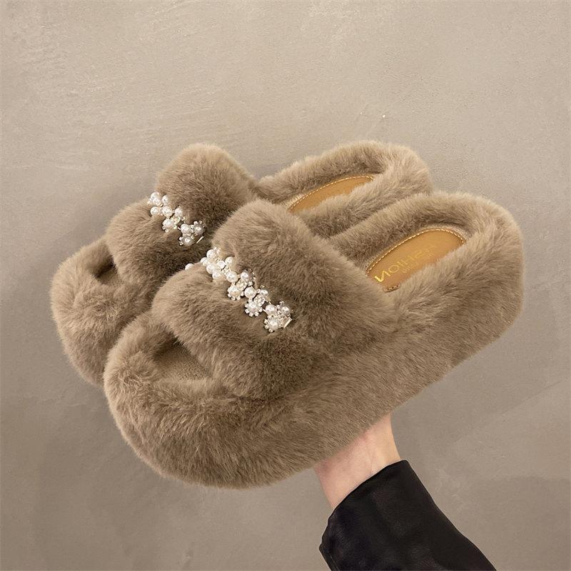 Mode 2024 Neues Perlendesign Flauschige Hausschuhe Damen Hausschuhe Indoor Weiche Plüsch Warme Hausschuhe Damen Mode Keilschuhe Größe 35-42
