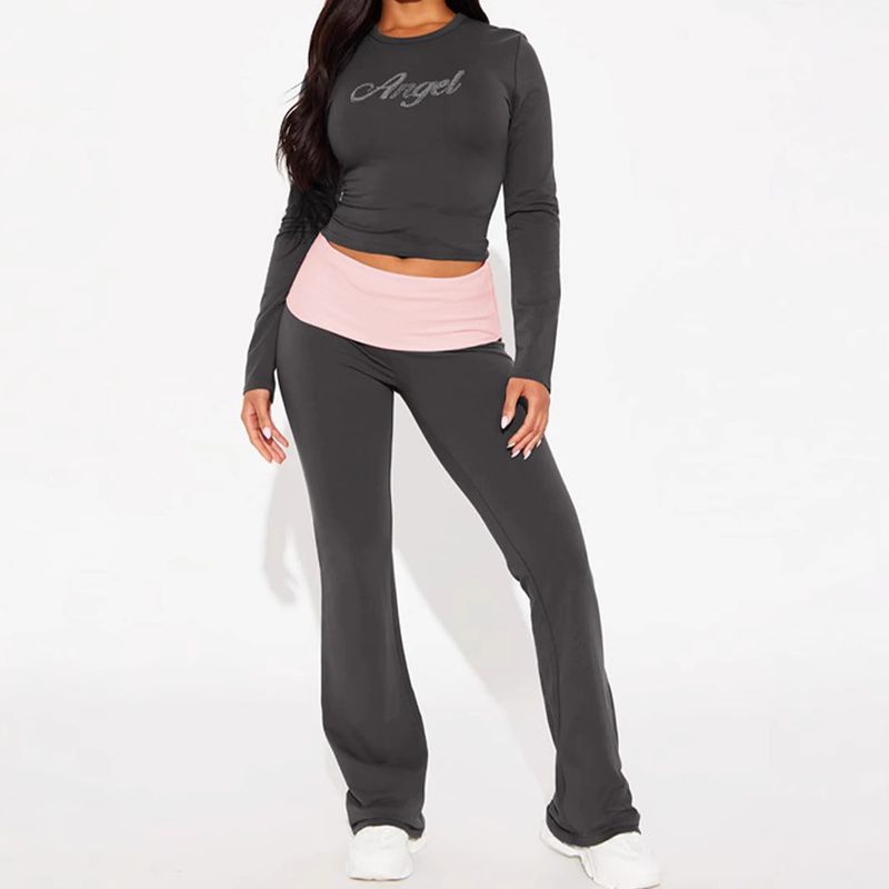 

Suit Spring New European and American Solid Contrast Color round Neck Long sleeve Trumpet pants Two-piece Set Hot Drilling Sports Set Tight Gray L