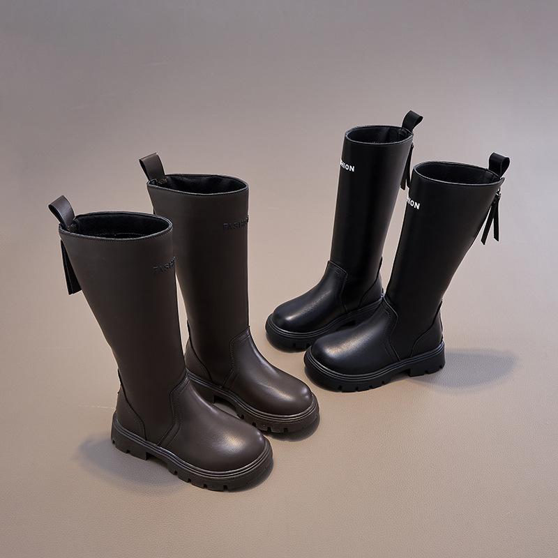 Girls High Boots Knee-high Long Boots Autumn Winter Kids Motorcycle Boots Simple Chic Classic Zipper Rubber Shoes