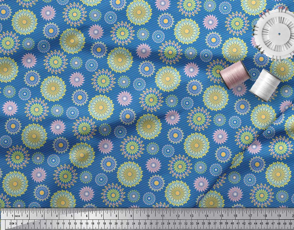 Soimoi Blue Japan Crepe Satin Fabric Stripe & Mandala Print Fabric by the Metre 42 Inch
