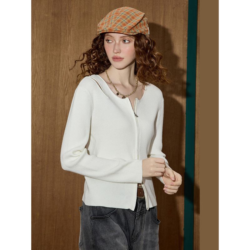 Coolhut French Style Short V-Neck Cut Out Long-Sleeved Cardigan 2025 Autum Women's Knitwear