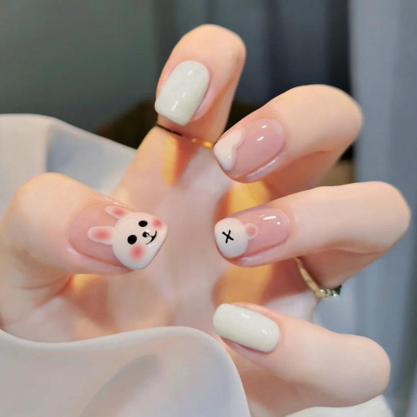 24Pcs Short Square Fake Nails Cloud Star Pattern Full Cover Press On Nail Tips Manicure Art