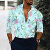 Camisa de Hombre con Cuello Estampado de Amapola Silvestre Helecho Blanco Rosa Morado Manga Larga Botones Arriba