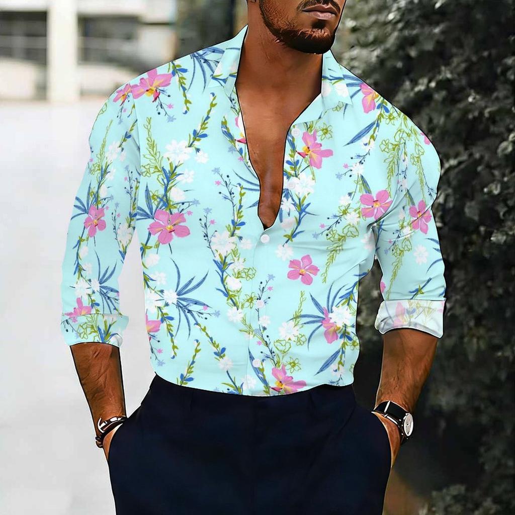 Camisa de Hombre con Cuello Estampado de Amapola Silvestre Helecho Blanco Rosa Morado Manga Larga Botones Arriba
