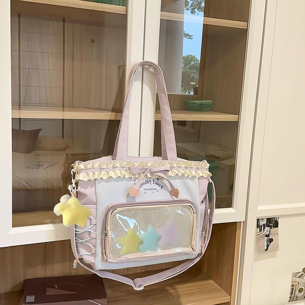 Women's Color Block College-Style Backpack with Ballet Ruffle Lace Design