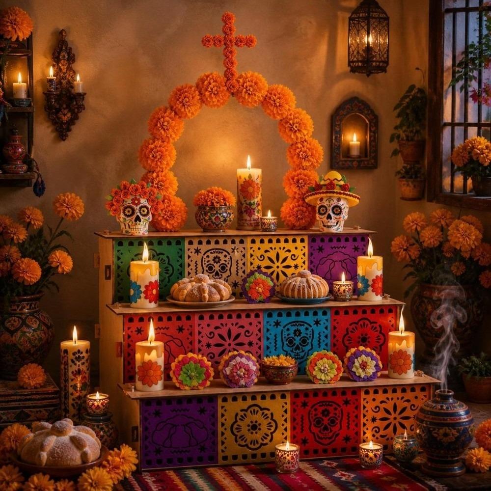 Wooden Day of Dead Ofrenda Box Skulls Candles Ornaments Mexican Fiesta Party Decor DIY Home Kitchen Decor