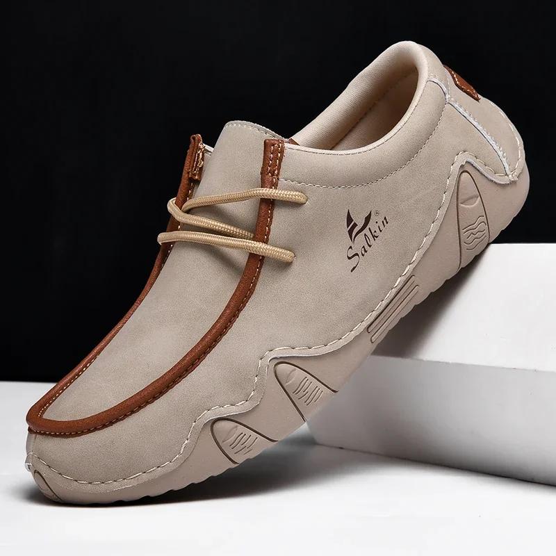 Autumn Men's Leather Casual Shoes New Spring Fashion Man Loafers Outdoor Breathable Lace-up Low-top Flat Driving Shoes 48