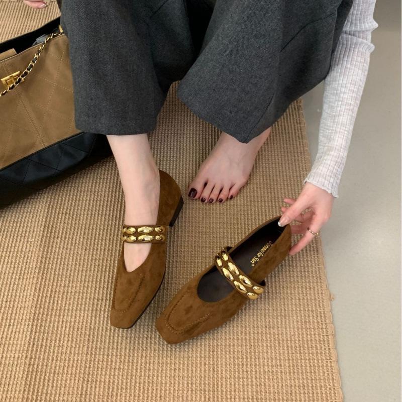 2025 autumn and winter new square head suede thick low heel light mouth versatile metal buckle decorative soft sole women's single shoes