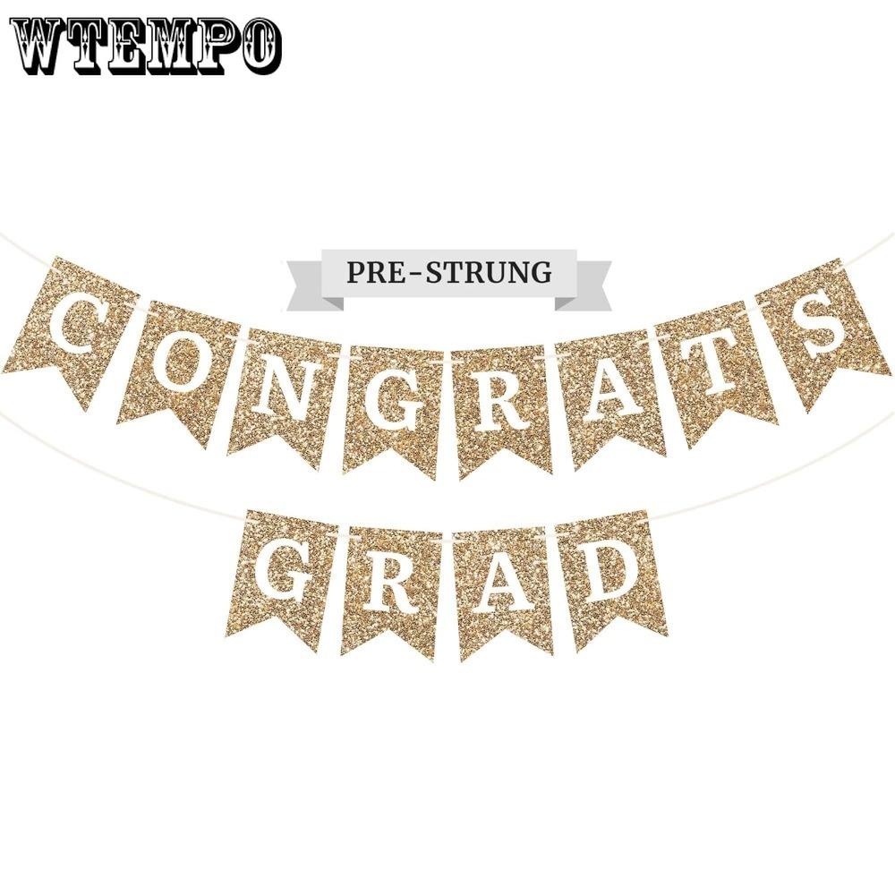 3sets Pre-strung Congrats Grad Banner Golden Glitter Graduation Party Banner Pre-strung Garland on Strand Party Streamer Decorations & Decor