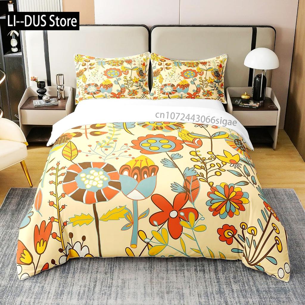 Floral Bedding Set Full Size Colorful Flowers Comforter Cover for Girls Child Duvet Cover Bedroom Decor with 2 Pillow Cases