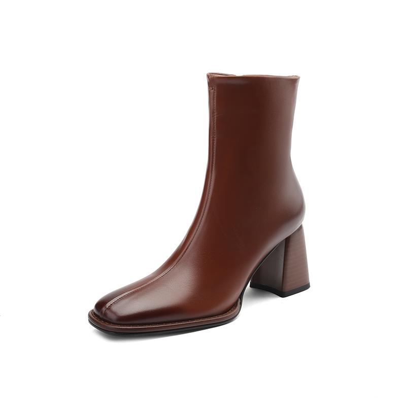 Fashion 2024 Autumn/Winter Women Boots Square Toe High Heel Shoes for Women Leather Boots Women Handemade Shoes Mid-calf Ladies Shoes