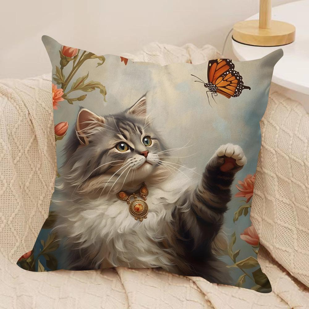 Katze und Blume Kissenbezug Weicher Plüschstoff Beidseitig Bedruckte Kissenbezüge für Alle Jahreszeiten Heimdekoration