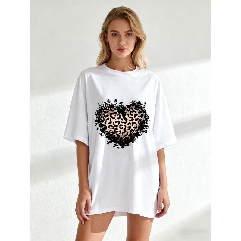 Oversized T Shirt Black Leopard Heart Print Casual Wear For Women Summer Fashion Street Style Top