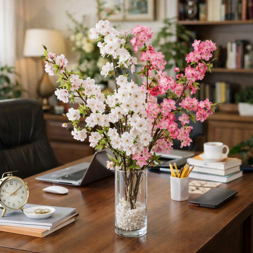 Long Artificial Cherry Blossom with Leaves Fake Flower Silk Cherry Blossoms Branch  Home Decoration