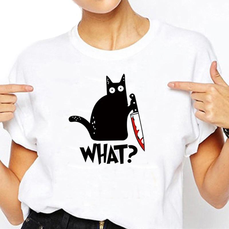 

Kitchen Knife Black Cat Wha Print Female Short Sleeve Plus Size Breathable TShirts Summer Cool Tee Clothes Street Hip Hop Tops 4XL