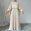 2026 Womens Elegant Solid Color Round Neck Pleated Slim Fit Casual Dress Set With Batwing Sleeves