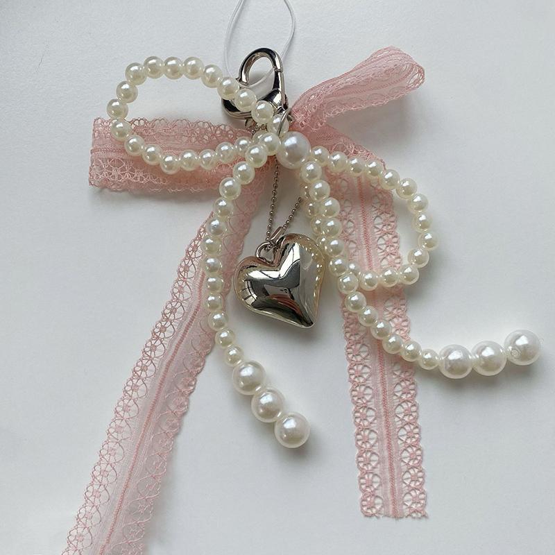 

Y2K Sweet Lace Bow Beaded Bow Keychain Phone Charm Strap Pendant for Phone Accessories Bag Hanging Cord for Women Girl Gifts рожевий