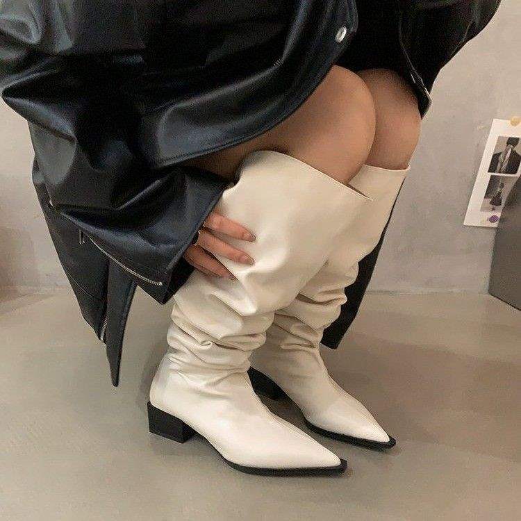 Thick heel pleated long knight boots women's 2025 autumn and winter new knee two wear western cowboy knee boots shoes