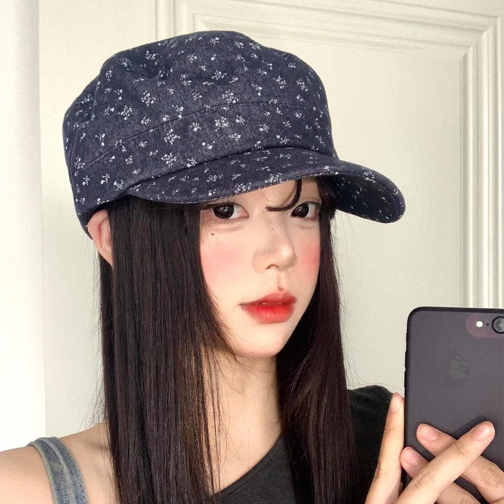 Korean Ins Floral Flat-Top Equestrian Hat Female Small Fresh And Sweet Face Small Outdoor Sunshade Cap