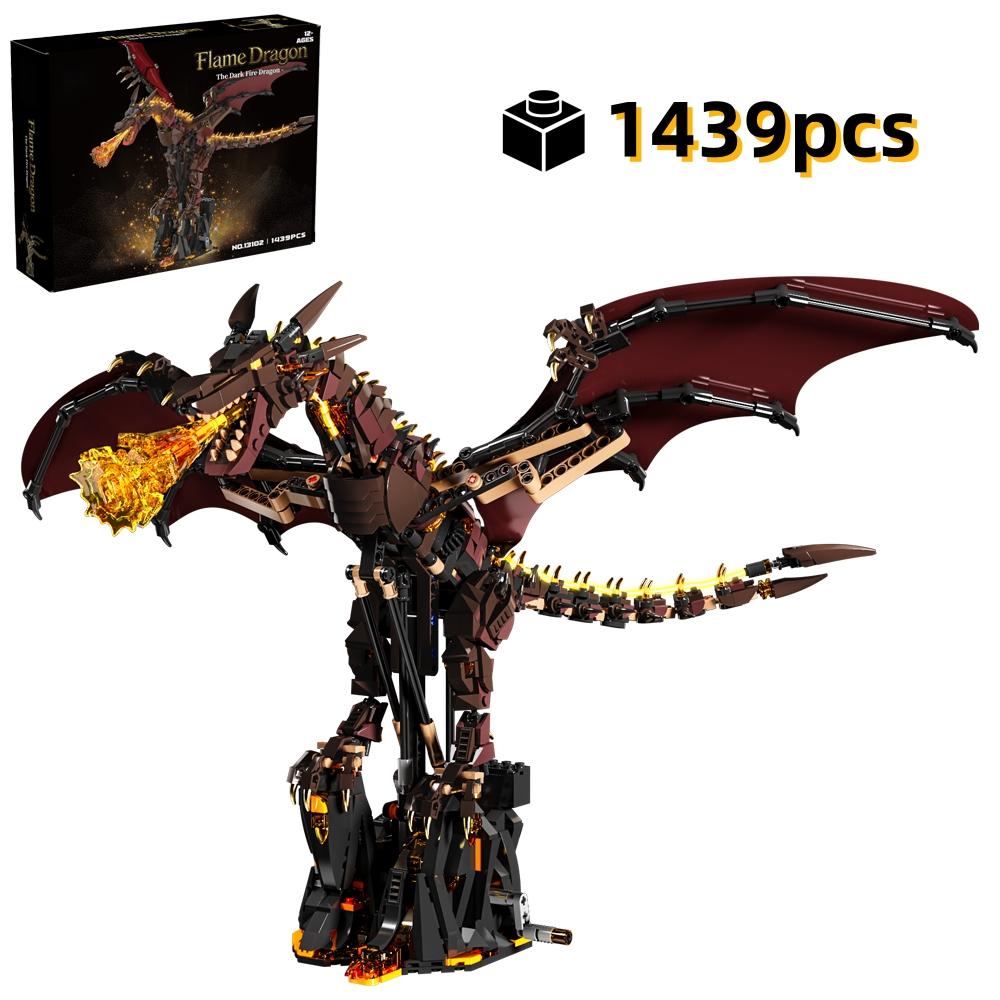1439PCS Mechanical Fire Dragon Blocks Mythical Creatures Series Light Connectable Animal Model Creative 3D Desk Decor Gift
