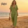 Muskelversteckende Hosen Color Block 2-teilige Sets für Damen, Kurzarm V-Ausschnitt Locker geschnittenes Hemd Damen Oberteil und Weite Hosen Passende Sets, Sommerurlaub